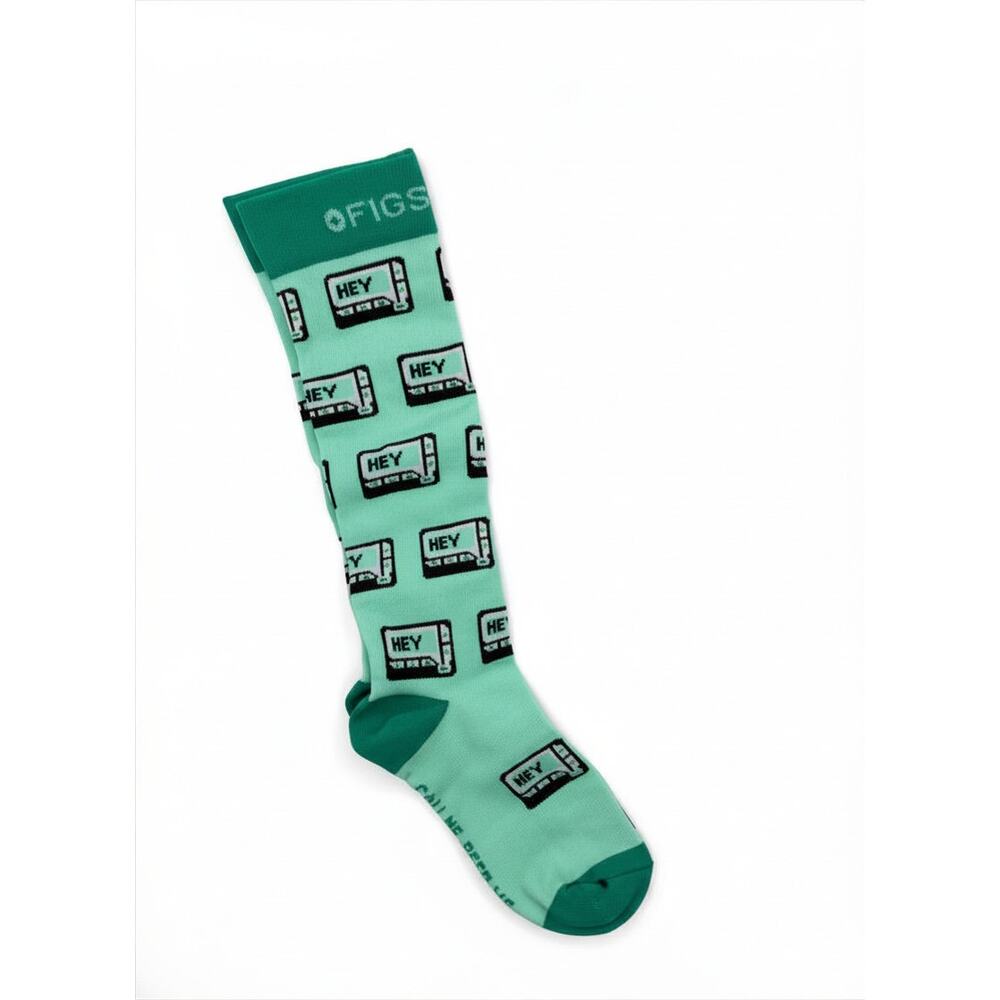 Figs Teal & Dark Green Knee-High Socks with 'HEY' Beeper Print